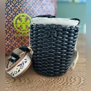 NWT! NEW! Tory Burch Emerson Basketweave Woven Mini Bucket Bag -Women leather